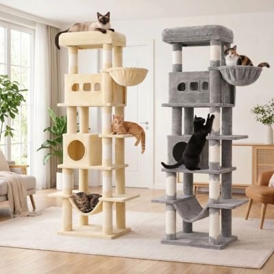 Chats installés sur des arbres à chat multi niveaux dans un intérieur lumineux