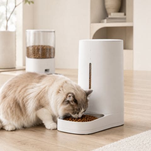 Distributeur automatique de croquettes pour chat dans un intérieur moderne et lumineux