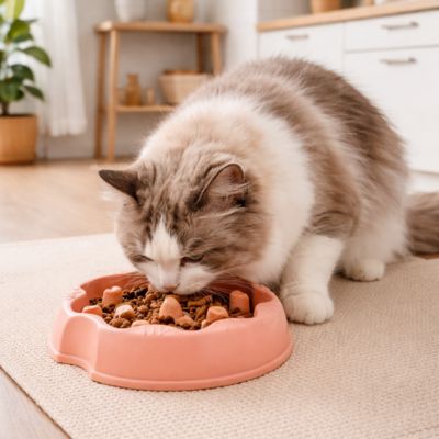 Chat mangeant dans une gamelle anti glouton conçue pour ralentir son repas