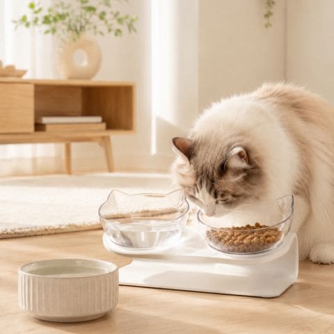Collection de gamelles pour chat surélevées et en céramique dans un décor lumineux
