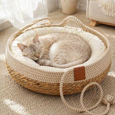 panier chat osier rotin coussin blanc rebord griffoir corde jeu multifonction