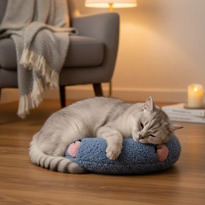 Coussin chat bleu ergonomique ultra moelleux