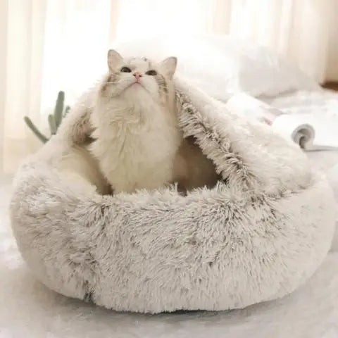 Coussin chat lit en peluche douce grotte semi-fermée grise
