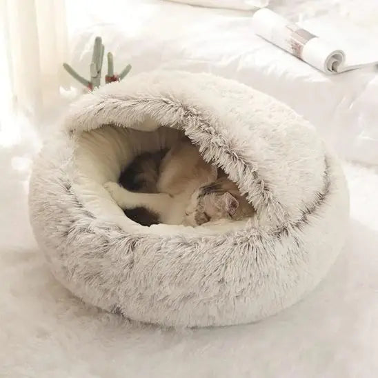 Coussin chat lit en peluche douce semi-fermé grise