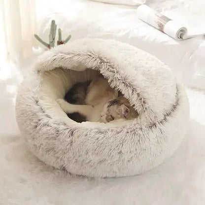 Coussin chat lit en peluche douce semi-fermé grise