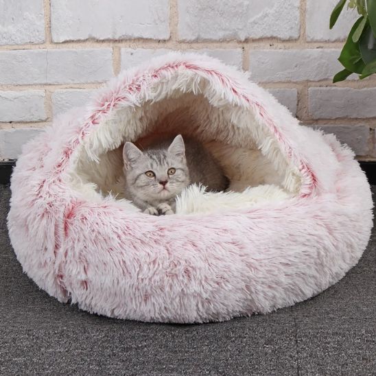 Coussin chat lit en peluche douce semi-fermé rose