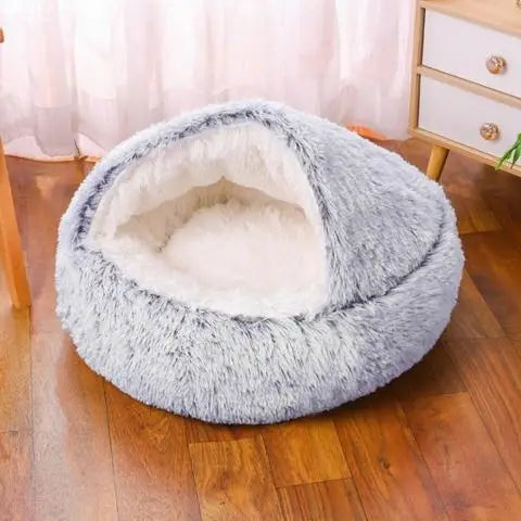 Coussin chat lit en peluche douce grotte semi-fermée grise