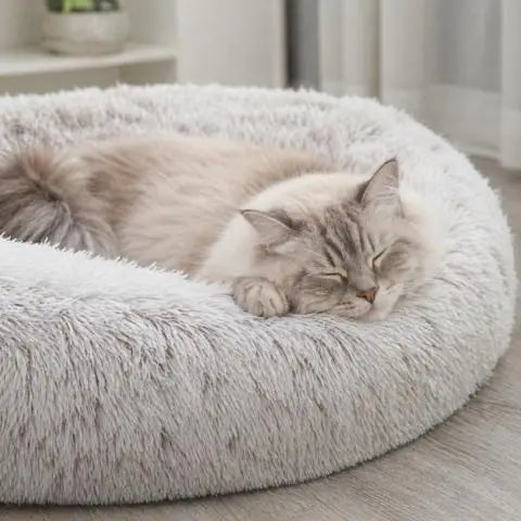 Coussin chat lit en peluche douce grotte semi-fermée grise