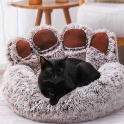 Coussin pour chat noir lit forme de patte peluche confortable