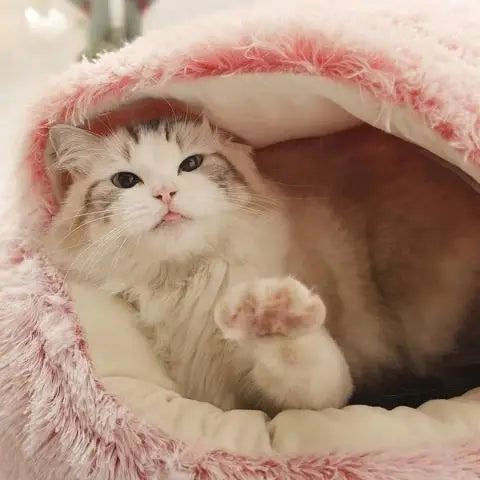 Coussin chat lit en peluche douce semi-fermé rose