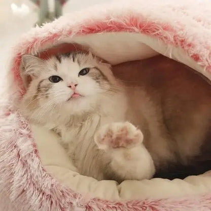 Coussin chat lit en peluche douce semi-fermé rose