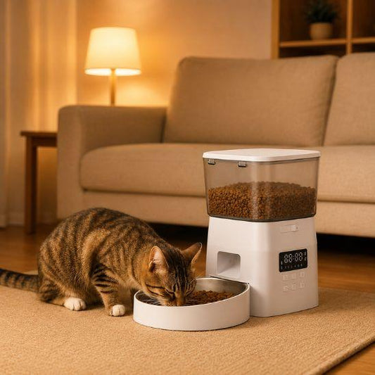 Distributeur croquettes chat automatique blanc avec chat
