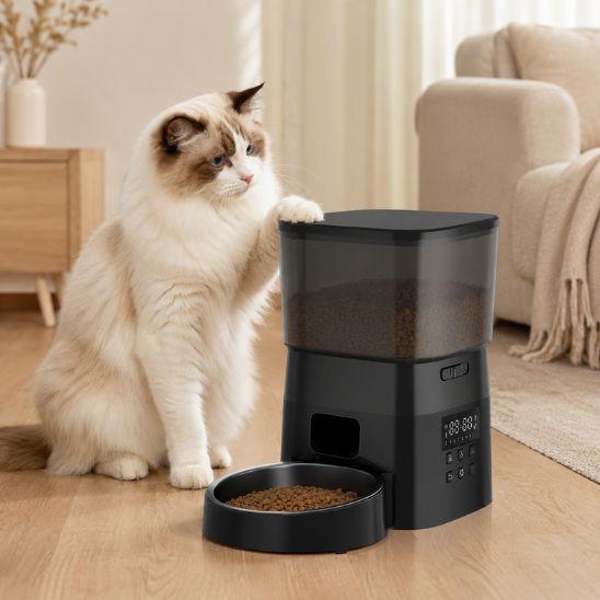 Distributeur croquettes chat automatique noir avec chat