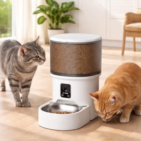 Distributeur de croquettes connecté avec caméra pour chat dans une cuisine lumineuse avec deux chats