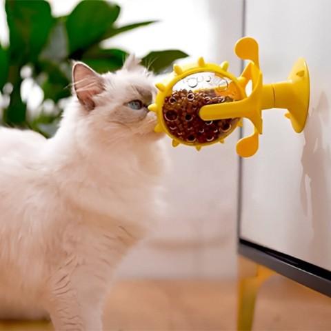 distributeur croquettes chat ludique plastique jaune roue jouet ventouse