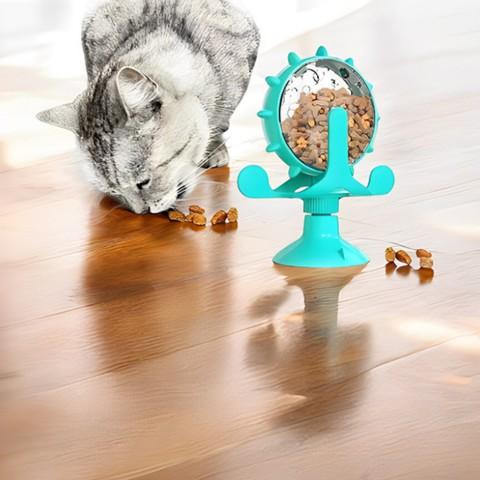 distributeur croquettes chat ludique plastique turquoise roue jouet ventouse