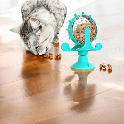 distributeur croquettes chat ludique plastique turquoise roue jouet ventouse