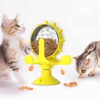 distributeur croquettes chat ludique plastique jaune roue jouet ventouse