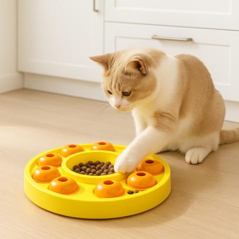 distributeur croquettes chat puzzle gourmand jouet ludique croquettes jaune
