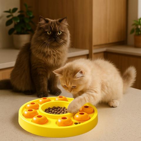 distributeur croquettes chat puzzle gourmand jouet ludique jaune