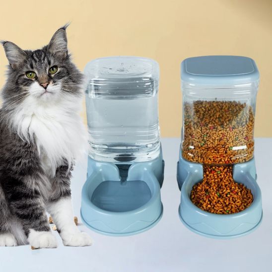 distributeur croquettes pour chat et eau gravité couleur bleu