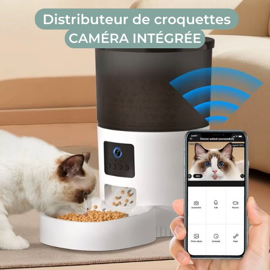 distributeur de croquettes pour chat avec caméra intégrée pour parler et voir son chat en tout temps