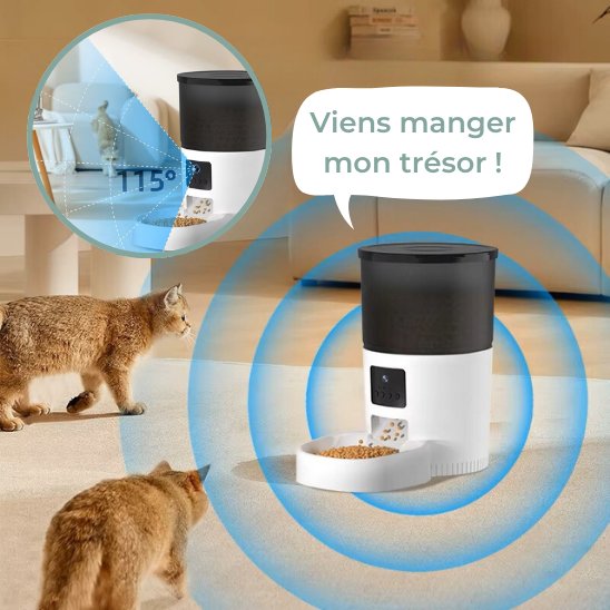 distributeur de croquettes pour chat avec micro intégré pour laisser un message