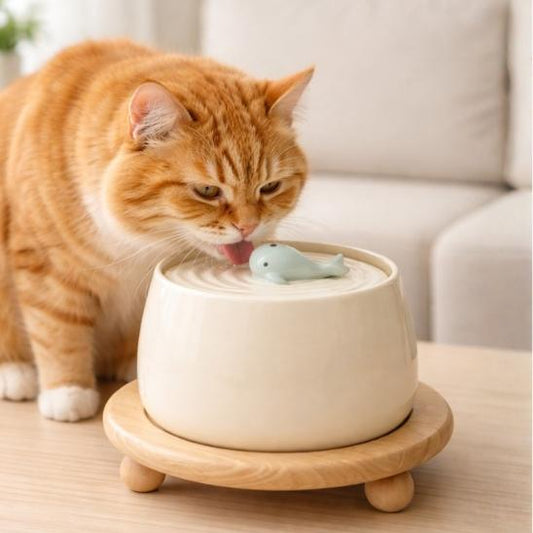 Chat roux buvant dans une fontaine à eau beige en céramique avec base en bois