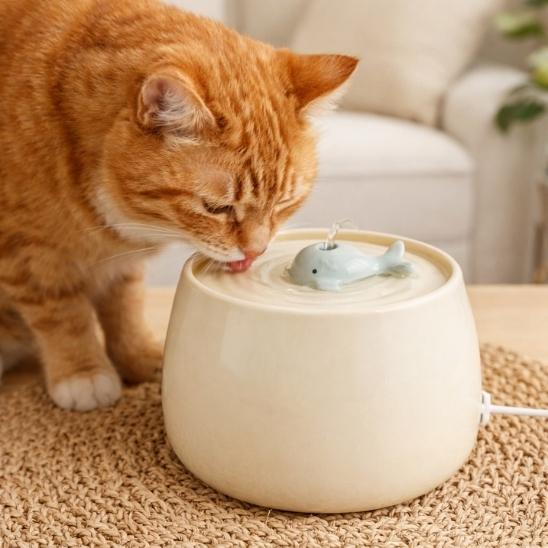 Chat roux buvant dans une fontaine à eau beige en céramique