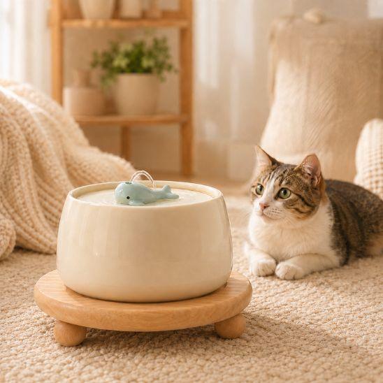 Fontaine à eau chat Baleine beige avec support en bois et chat calme à côté