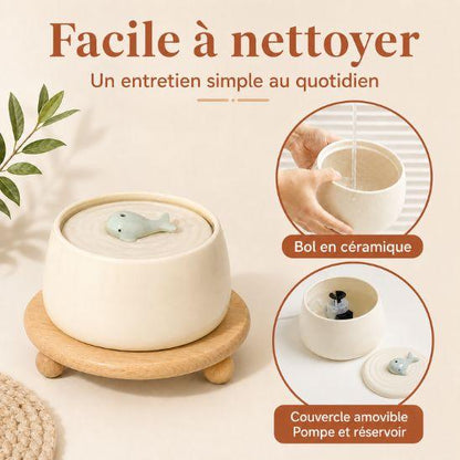 Fontaine à eau chat Baleine beige avec support en bois, bol en céramique facile à nettoyer