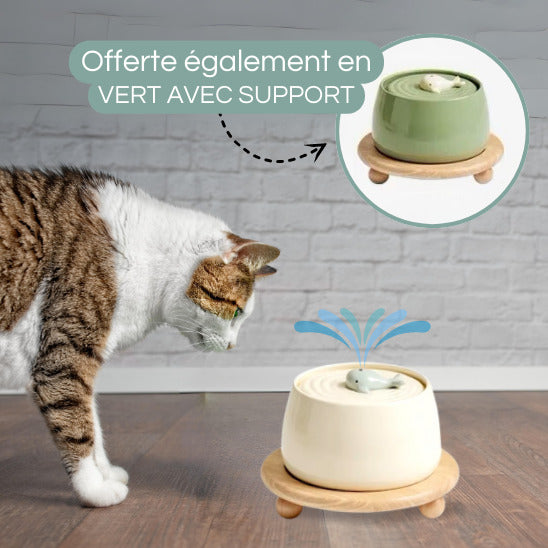 fontaine a eau chat beige en céramique avec support