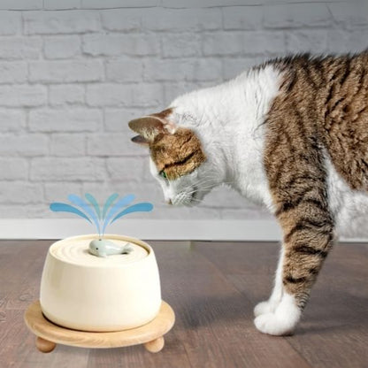 fontaine a eau chat ceramique beige support bois