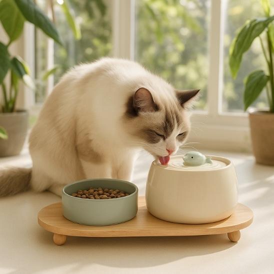 fontaine a eau chat ceramique design baleine gamelle support bois