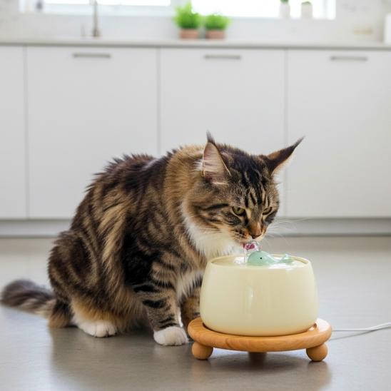 fontaine a eau chat ceramique beige support bois design baleine