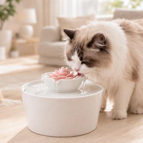 fontaine à eau pour chat céramique fleur lotus avec chat qui boit eau courante