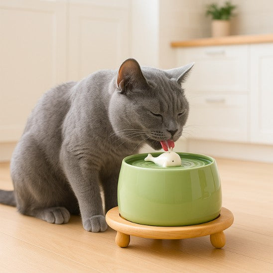 fontaine a eau chat ceramique verte support bois design baleine