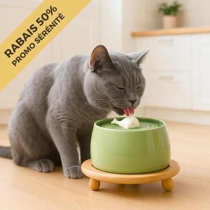 fontaine a eau chat ceramique verte support bois design baleine