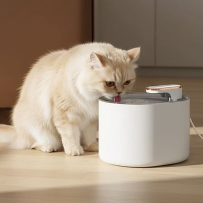Chat près d’une fontaine à eau élégante