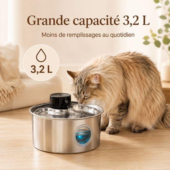 Fontaine à eau chat inox sans fil de grande capacité 3,2 L avec chat
