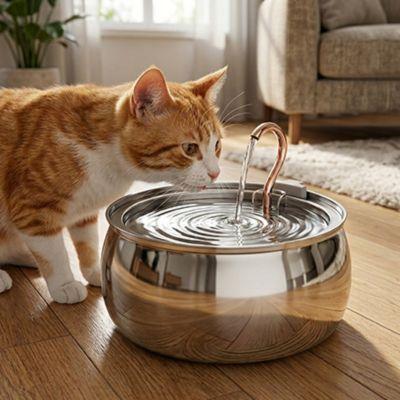 Fontaine à eau chat inox silencieuse et filtrante dans un salon