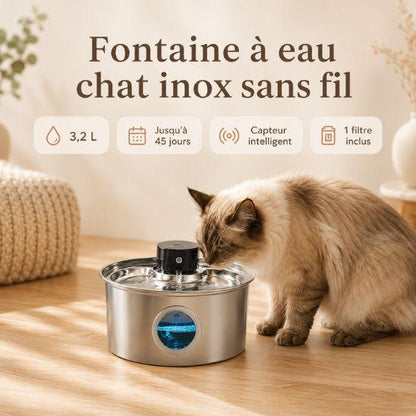 Fontaine à eau chat inox sans fil 3,2 L avec capteur intelligent et filtre inclus