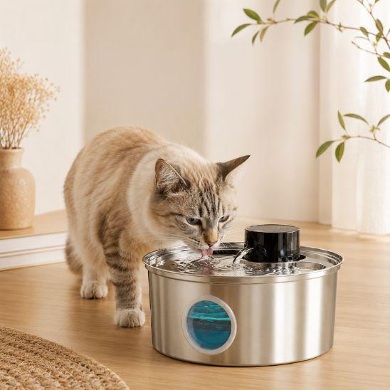 Chat buvant à une fontaine à eau en inox sans fil avec fenêtre de niveau d’eau