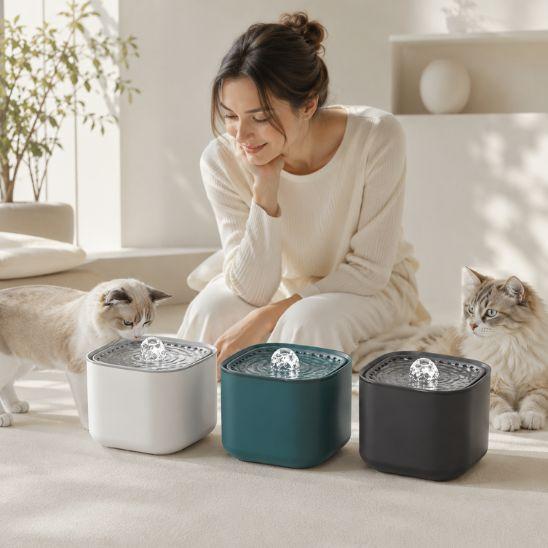 Fontaine a eau chat silencieuse 3 litres blanche, verte et gris fonce avec femme et chats