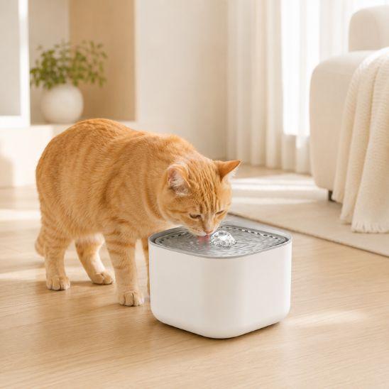 Fontaine a eau chat silencieuse 3 litres blanche avec chat roux