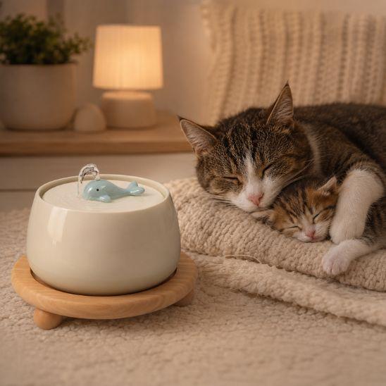 Fontaine a eau chat silencieuse Baleine beige avec chat endormi paisiblement à côté