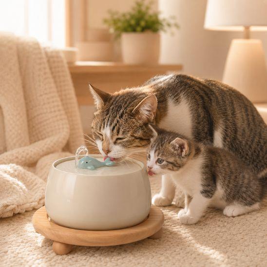 Fontaine à eau chat silencieuse Baleine beige sur support bois avec maman chat et son chaton