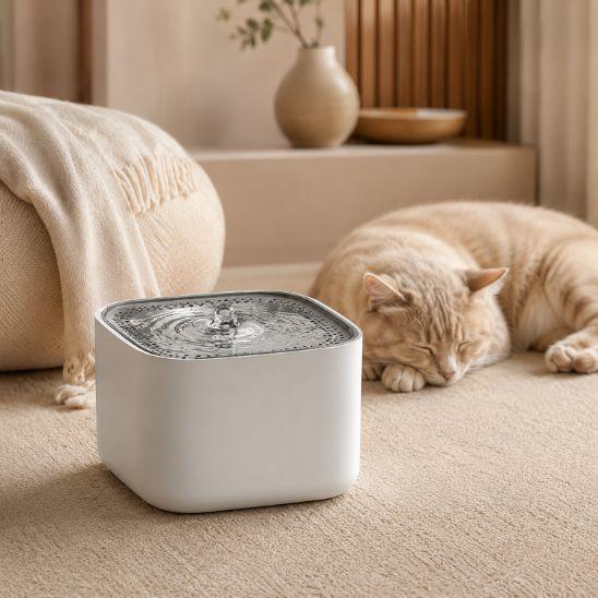 Fontaine a eau chat silencieuse blanche 3 litres zen avec chat endormi
