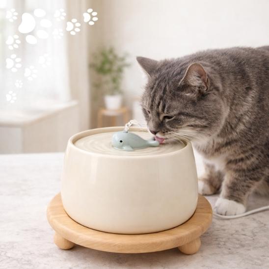 Fontaine à eau chat céramique baleine beige silencieuse 1.3L