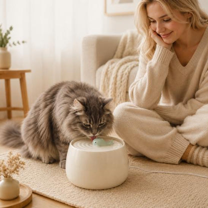Fontaine à eau chat céramique Baleine beige avec chat qui boit